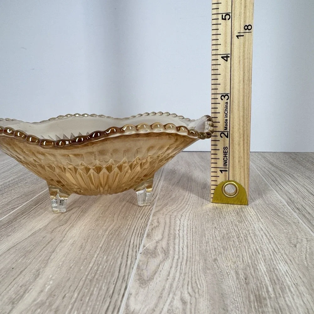 Vintage Amber Diamond Pattern Glass Footed Bowl Scalloped Rim Console‎ Dish